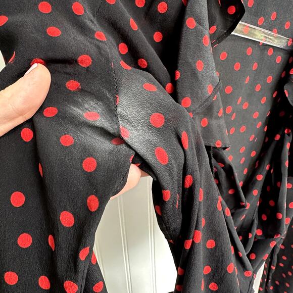 Réalisation Par Alexandra Black Silk Wrap Mini Dress Ruffle Hem Medium Polka Dot - Picture 4 of 12